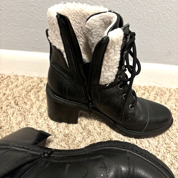 Marc Fisher Lace-Up Heeled Lansley Combat 8.5 Work Boot Shearling Lining Black - Picture 5 of 9